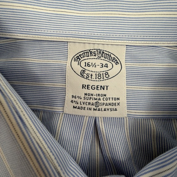 Brooks Brothers Shirt Mens 16.5 34 Stripe Blue White Regent Non Iron Cotton - Picture 3 of 7